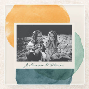 Abstracte Waterverf Vormen Blauwgroen Blauwe Foton Glazen Onderzetter