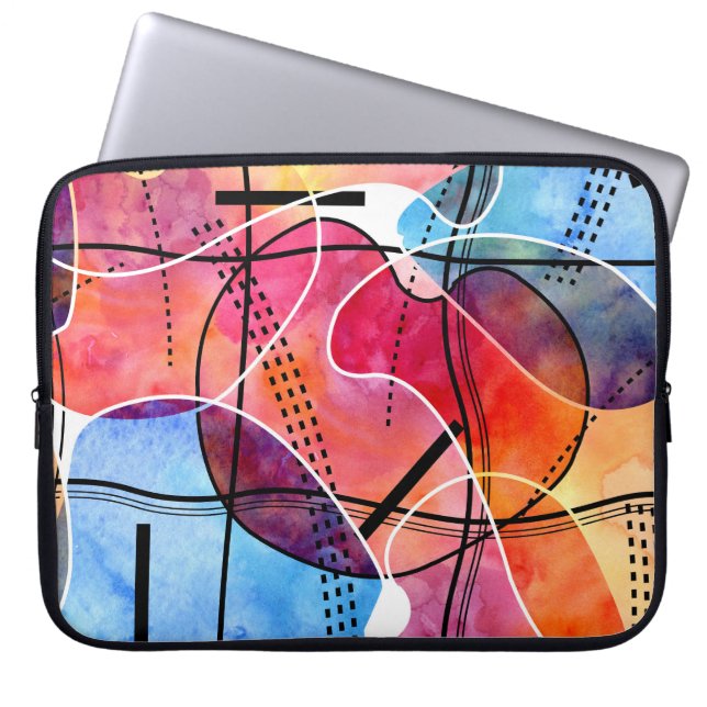 Abstracte Waterverf Zwart Wit Patroon Laptop Sleeve (Voorkant)