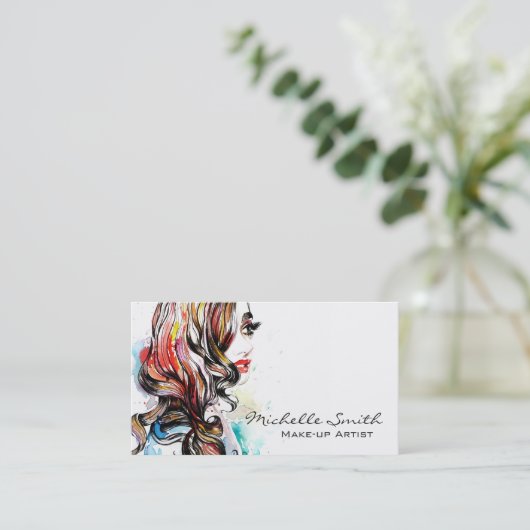 Abstracte waterverfinkt kleurrijke vrouw make-up visitekaartje (Staand voorkant)