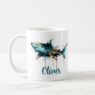Abstracte waterverfteal inktspatten & gouden haai koffiemok