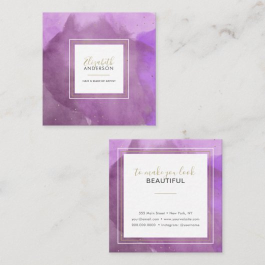 Abstracte Waterverven Paarse en gouden make-up art Vierkante Visitekaartje (Voorkant / Achterkant)