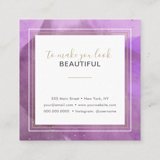 Abstracte Waterverven Paarse en gouden make-up art Vierkante Visitekaartje (Achterkant)