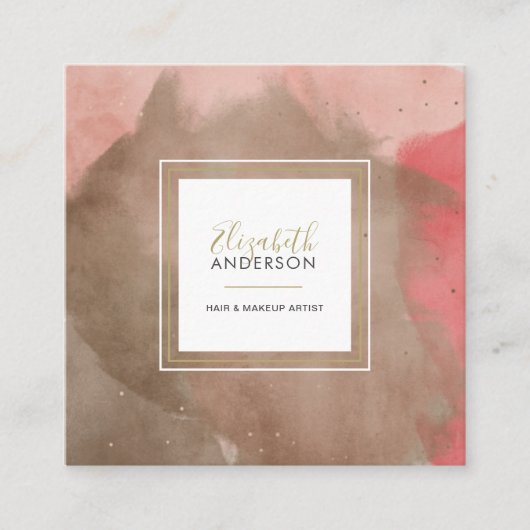 Abstracte Waterverven Roze en Gold Makeup Artist Vierkante Visitekaartje (Voorkant)