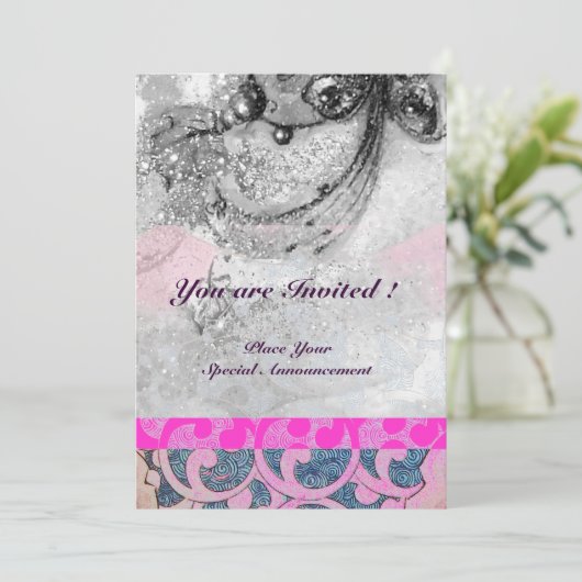 ABSTRACTE WAVES, Black White, Fuchsia Pink Wedding Kaart (Staand voorkant)