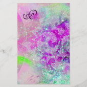 ABSTRACTE WAVES Blue, Paars roze bruiloft Monogram Briefpapier (Voorkant)