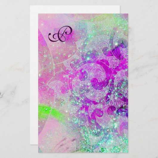 ABSTRACTE WAVES Blue, Paars roze bruiloft Monogram Briefpapier (Voorkant / Achterkant)