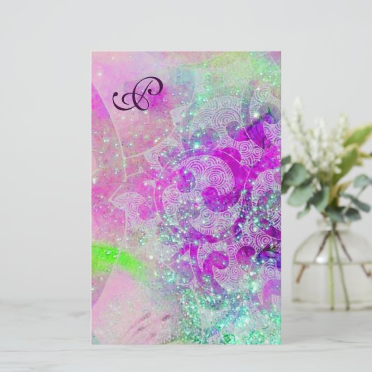 ABSTRACTE WAVES Blue, Paars roze bruiloft Monogram Briefpapier (Staand voorkant)