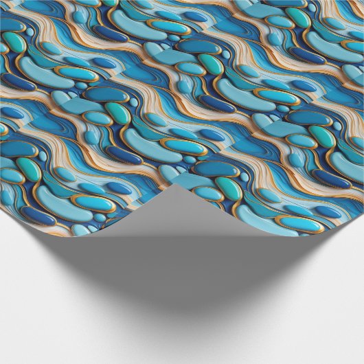 Abstracte Wavy Blue Pebbles Gold Accent Cadeaupapier (Hoek)