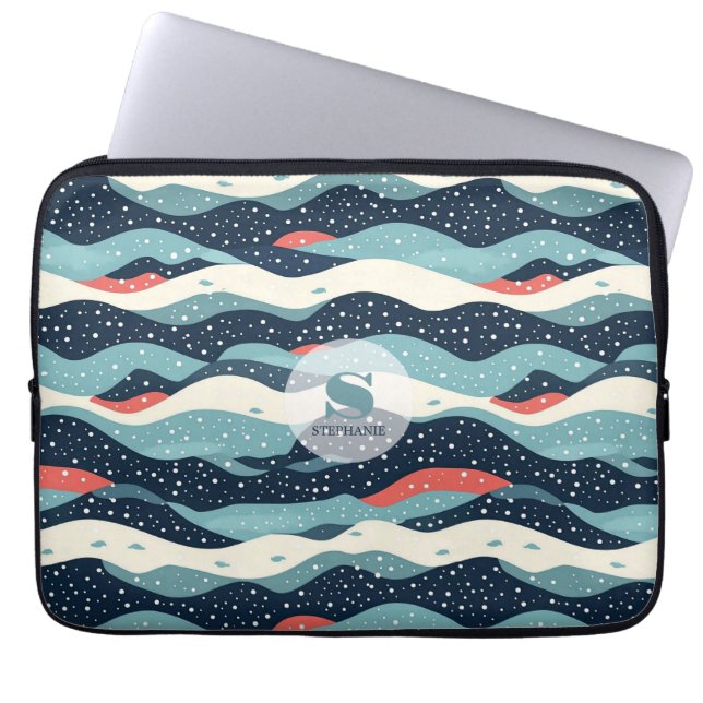 Abstracte Wavy lijnen met Snowflake Stippen Laptop Sleeve (Voorkant)