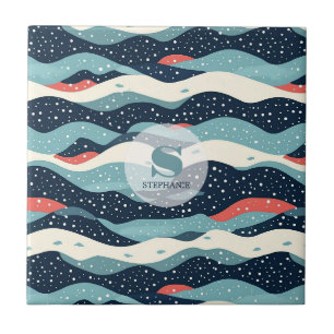 Abstracte Wavy lijnen met Snowflake Stippen Tegeltje