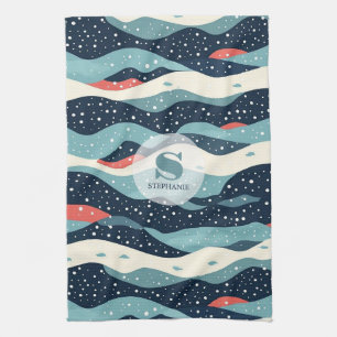 Abstracte Wavy lijnen met Snowflake Stippen Theedoek