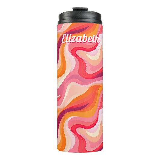 Abstracte Wavy Patroon Retro Esthetisch met Naam Thermosbeker (Voorkant)