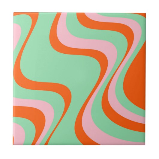 Abstracte Wavy Stripe Groen Sinaasappel Retro Bold Tegeltje (Voorkant)