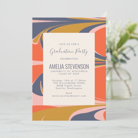 Abstracte wervelende retro kleurrijke mod afstudee kaart (Staand voorkant)