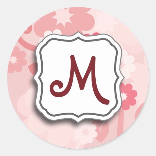 Abstracte wervelkolom Floral roze met monogram Ronde Sticker (Voorkant)