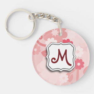 Abstracte wervelkolom Floral roze met monogram Sleutelhanger