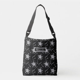 Abstracte White Line Art Flowers op zwart Crossbody Tas