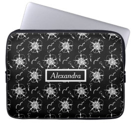 Abstracte White Line Art Flowers op zwart Laptop Sleeve