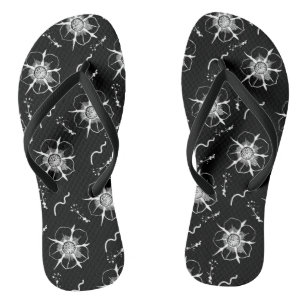 Abstracte White Line Art Flowers op zwart Teenslippers