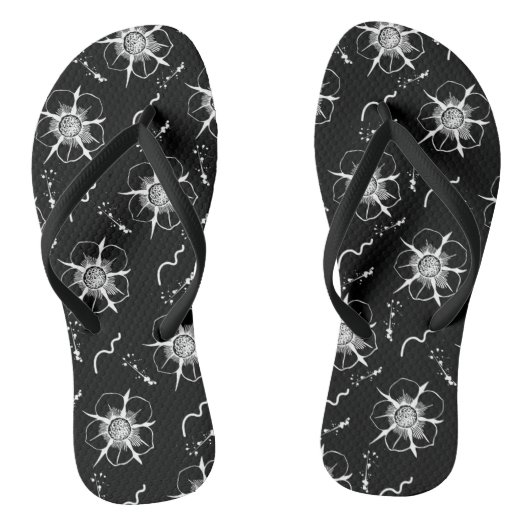 Abstracte White Line Art Flowers op zwart Teenslippers (Voetbed)