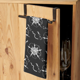 Abstracte White Line Art Flowers op zwart Theedoek