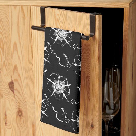 Abstracte White Line Art Flowers op zwart Theedoek (Derde Gevouwen)