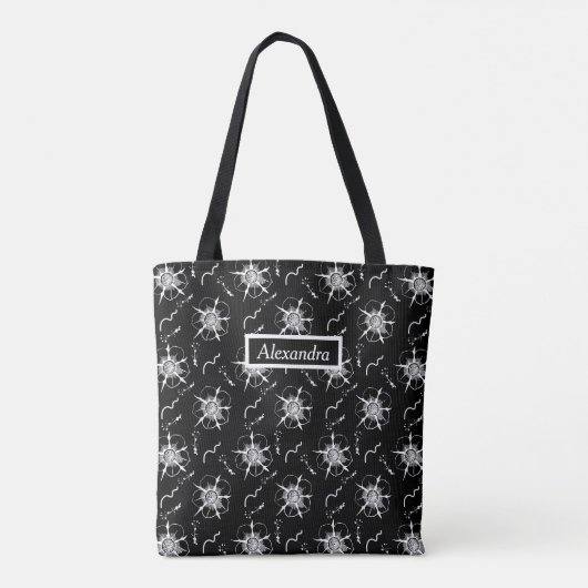 Abstracte White Line Art Flowers op zwart Tote Bag (Achterkant)