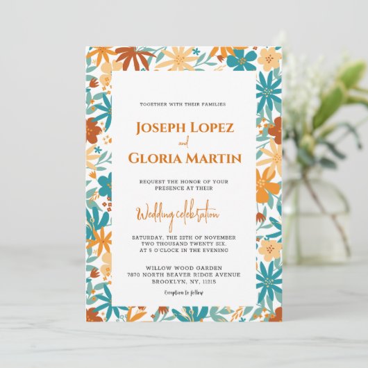 Abstracte Wildflower Chic Bold Bright Boho bruilof Kaart (Staand voorkant)