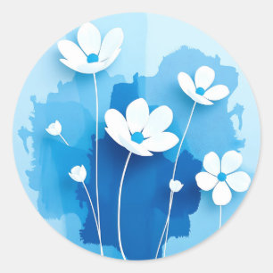 Abstracte witte bloemen lichtblauwe achtergrond ronde sticker