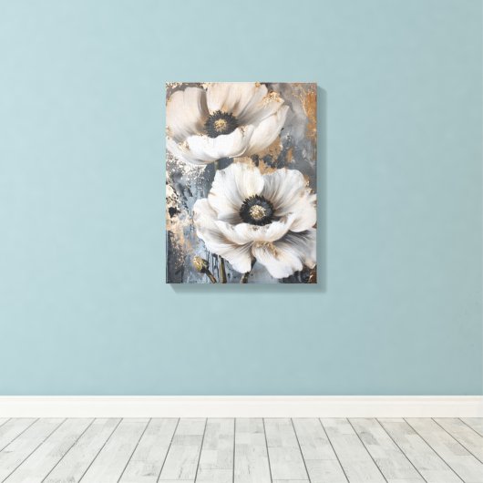 Abstracte witte bloemetjes goudkleurig en grijs canvas afdruk (Insitu (Houten vloer))