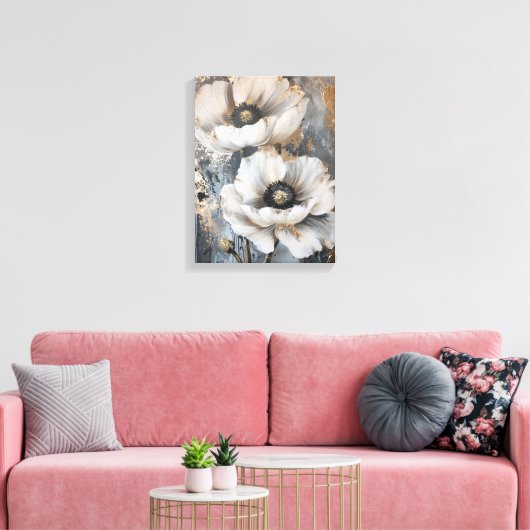 Abstracte witte bloemetjes goudkleurig en grijs canvas afdruk (Insitu (Woonkamer))