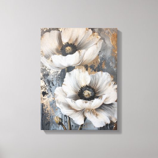 Abstracte witte bloemetjes goudkleurig en grijs canvas afdruk (Voorkant)
