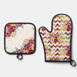 ABSTRACTE WITTE BORDEAUX & GELE BLOEMEN OVENWANT & PANNENLAP SET