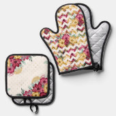 ABSTRACTE WITTE BORDEAUX & GELE BLOEMEN OVENWANT & PANNENLAP SET (Voorkant / Achterkant)