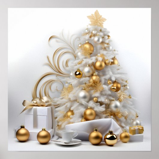 Abstracte witte kerstboom met gouden accenten poster (Voorkant)