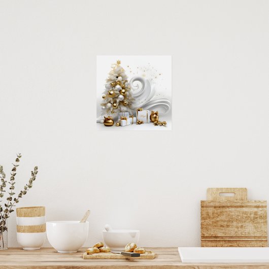 Abstracte witte kerstboom met gouden accenten poster (Keuken)