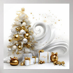 Abstracte witte kerstboom met gouden accenten poster