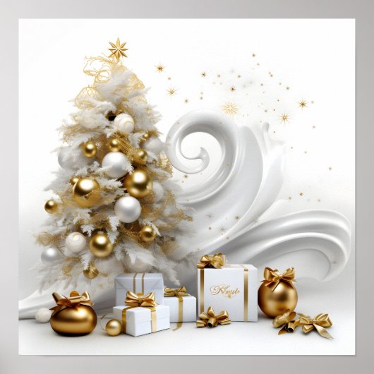 Abstracte witte kerstboom met gouden accenten poster (Voorkant)
