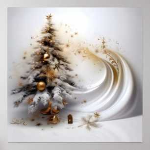 Abstracte witte kerstboom met gouden accenten poster