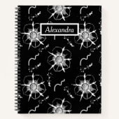 Abstracte witte lijnkunst bloemen op zwart notitieboek (Voorkant)