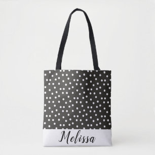 Abstracte witte pooldots op zwarte witte streep tote bag