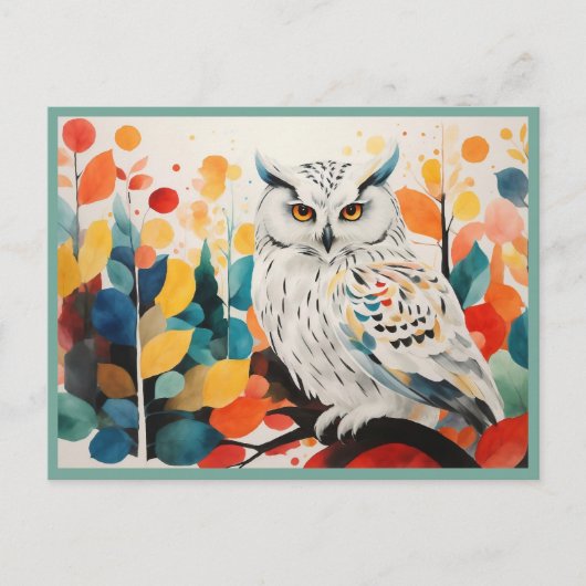 Abstracte witte uil op kleurrijke bosboomtak briefkaart (Voorkant)