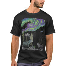 Abstracte wolven in het noorderlicht bos T-shirt
