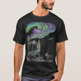 Abstracte wolven in het noorderlicht bos T-shirt