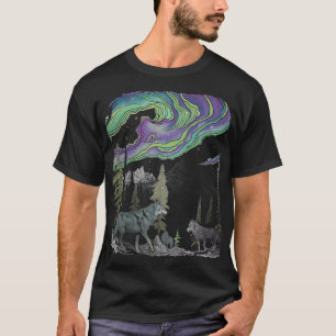 Abstracte wolven in het noorderlicht bos T-shirt
