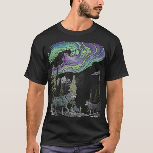 Abstracte wolven in het noorderlicht bos T-shirt (Voorkant)
