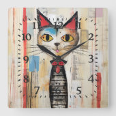 Abstracte Yellow Eyed Happy Cat Vierkante Klok (Voorkant)