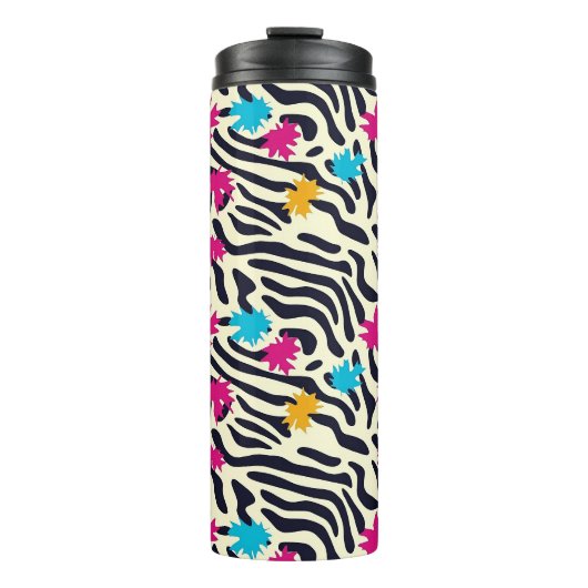 Abstracte zebrastrepen met bladverfsplash thermosbeker (Voorkant)