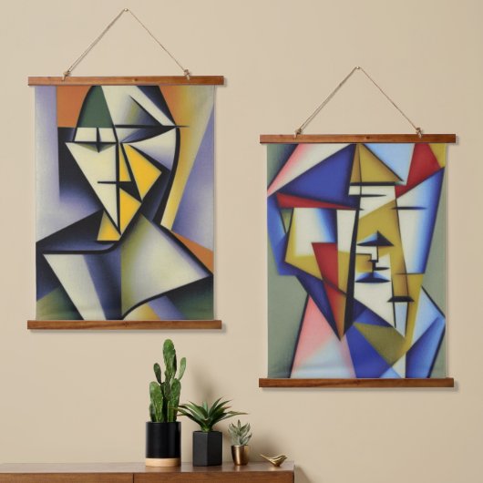 Abstracte Zen Cubist Wood met bovenzijde wandtapij Hangend Wandkleed (Asymmetrisch)