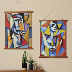 Abstracte Zen Cubist Wood met bovenzijde wandtapij Hangend Wandkleed